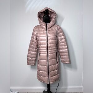 Calvin Klein packable down long puffer coat in a beautiful blush pink tone